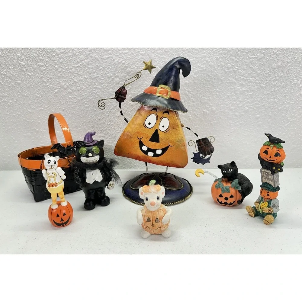 Vintage Halloween Decor Lot Candy Corn Dreamsicle Black Cats Pumpkin Basket 7 Pc